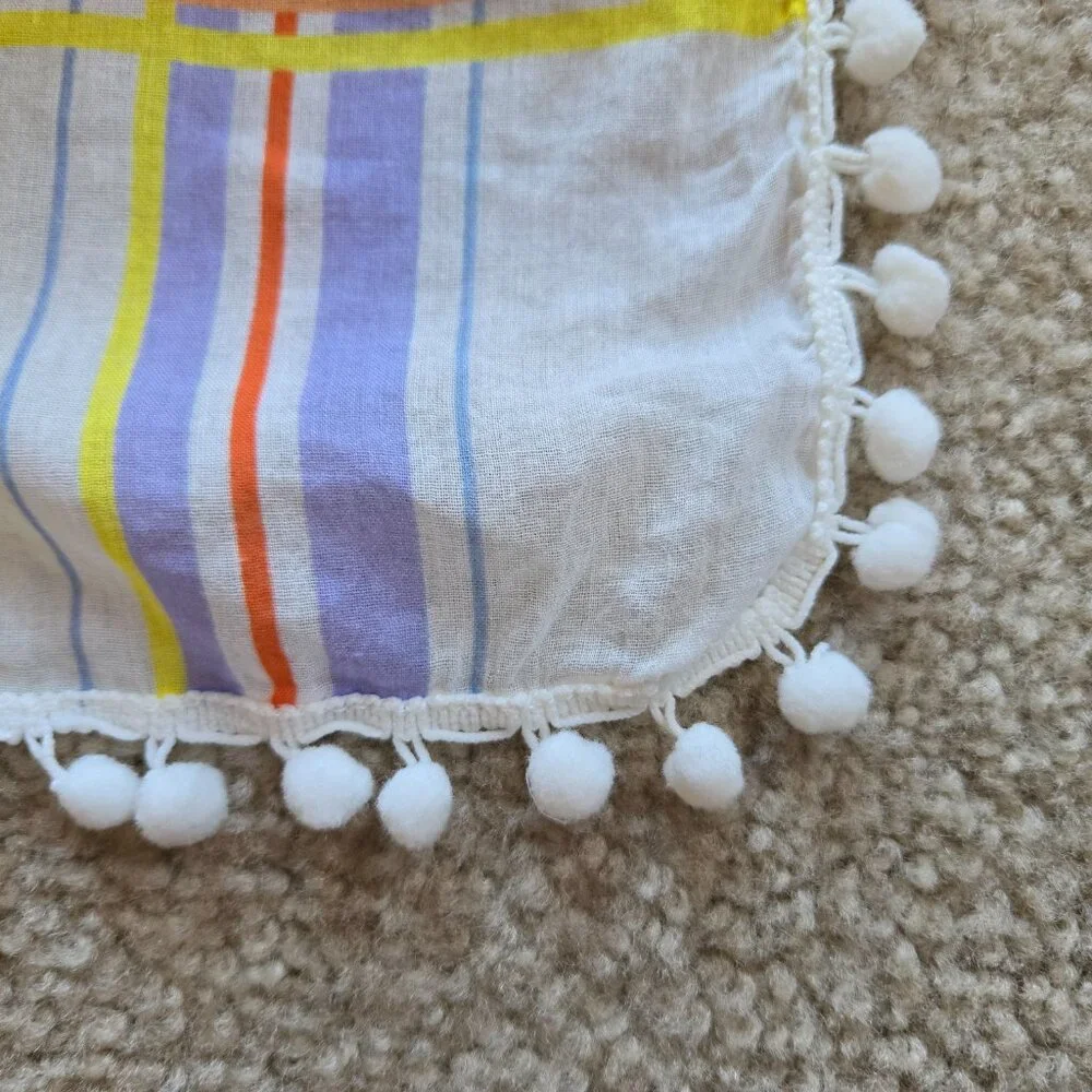 Lightweight Striped Summer Scarf or Sarong with Pom Pom Border